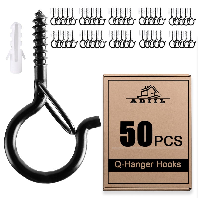 ADIIL 50 PCS Q Hanger Hooks with Safety Buckle  Windproof Screw Hooks for Hanging Outdoor String Lights  Plants  Christmas Patio Lights  2.2 Inches  Black - Image 1